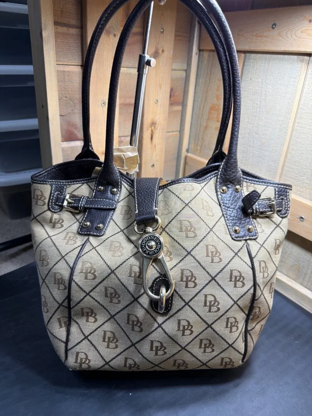 Dooney & Bourke Signature DB Monogram Tan Brown Leather Trim Tote Bag Women's